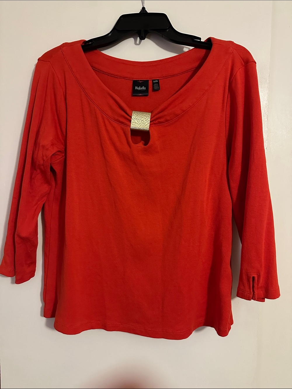 Rafaella Bright Red Long Sleeve Scoop Neck Top with Gold Accent